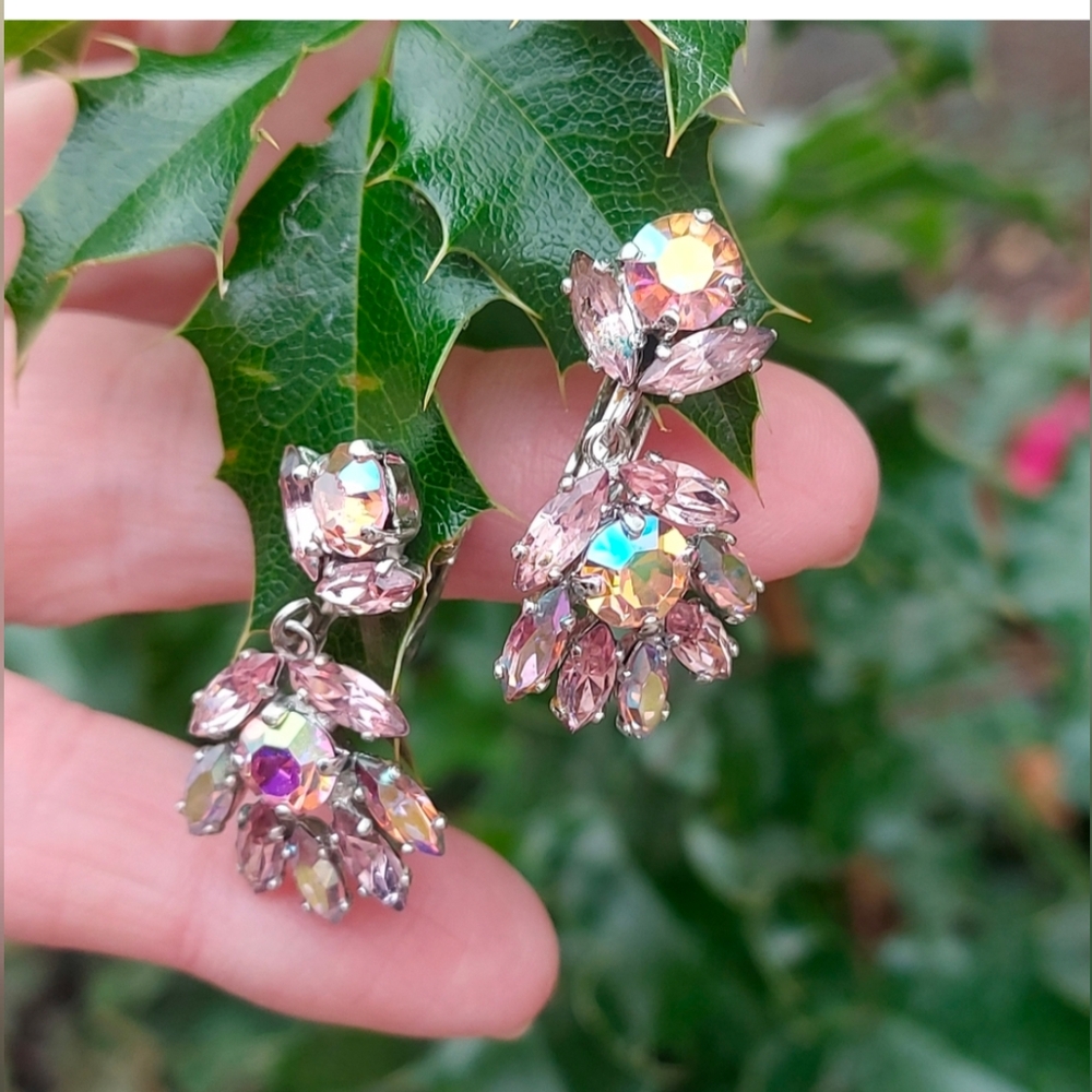 VINTAGE SIGNED SHERMAN Articulated Dangle Earrings – Rare Pink & Aurora Borealis